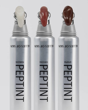Three silver squeeze tubes of Peptint skincare from Allies of Skin, labeled Utopia, Nirvana, and Fearless, with their respective cream products dispensed below against a light gray background.