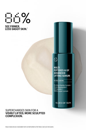Lifting Serum texture next to bottle: 86% saw firmer, less saggy skin